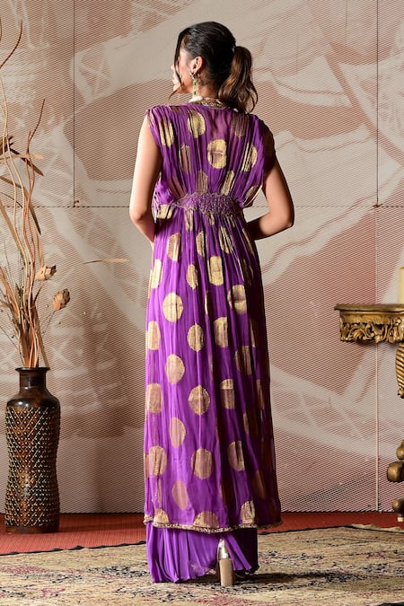 Shop_Farha Syed_Purple Taffeta, Georgette Cut Work, Embroidery V-neck Hand Kaftan Sharara Set _at_Aza_Fashions