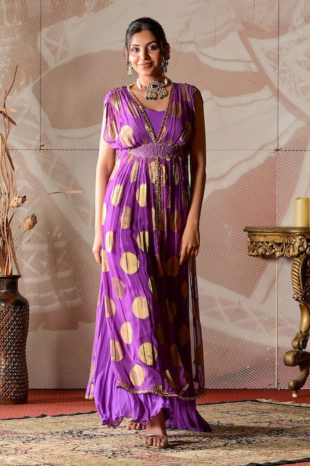 Farha Syed_Purple Taffeta, Georgette Cut Work, Embroidery V-neck Hand Kaftan Sharara Set _Online_at_Aza_Fashions