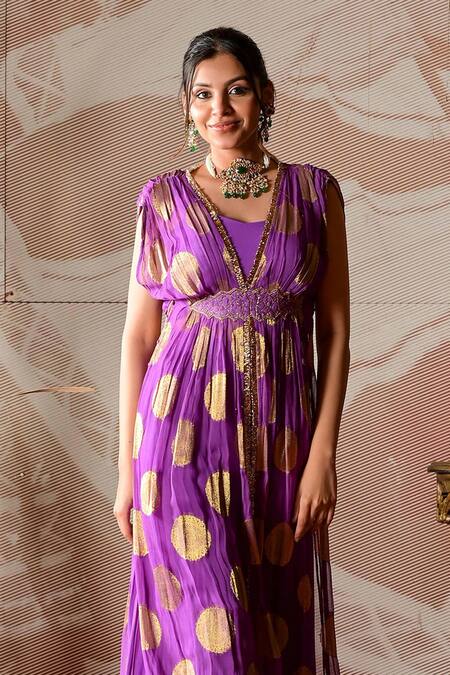 Buy_Farha Syed_Purple Taffeta, Georgette Cut Work, Embroidery V-neck Hand Kaftan Sharara Set _Online_at_Aza_Fashions