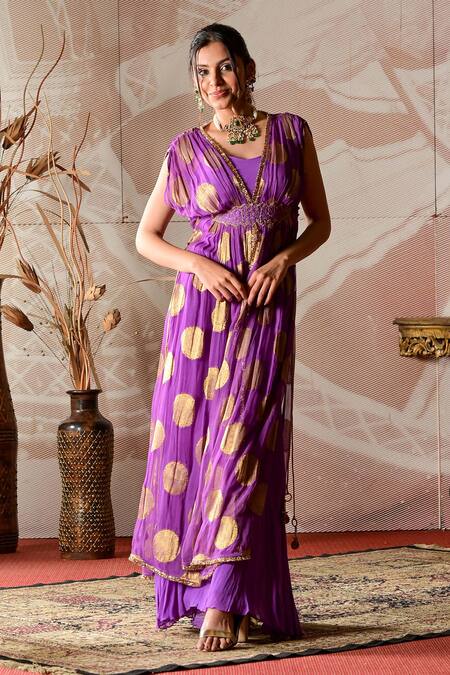 Shop_Farha Syed_Purple Taffeta, Georgette Cut Work, Embroidery V-neck Hand Kaftan Sharara Set _Online_at_Aza_Fashions