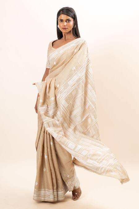 Oshi By Shikha Beige Tussar, Cotton, Silk Embroidery Round Neck Kantha Hand Saree With Blouse Online at Aza Fashions Oshi By Shikha_Beige Tussar, Cotton, Silk Embroidery Round Neck Kantha Hand Saree With Blouse _Online_at_Aza_Fashions