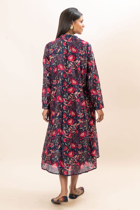 Shop Oshi By Shikha Blue Silk, Chanderi, Cotton V-neck, Open Pleated Dress With Floral Print Jacket at Aza Fashions Shop_Oshi By Shikha_Blue Silk, Chanderi, Cotton V-neck, Open Pleated Dress With Floral Print Jacket _at_Aza_Fashions