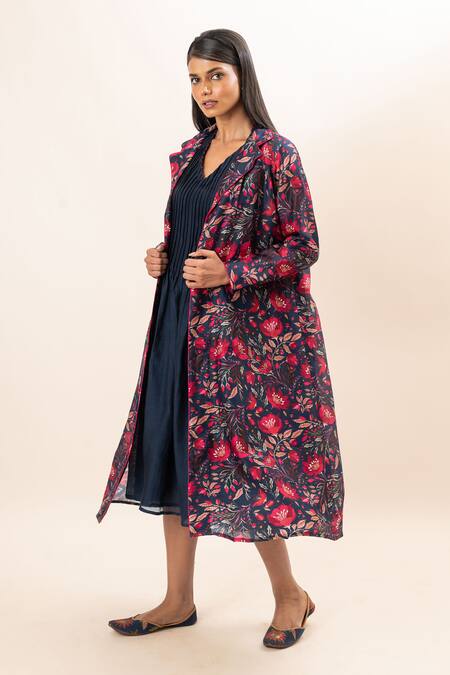 Oshi By Shikha Blue Silk, Chanderi, Cotton V-neck, Open Pleated Dress With Floral Print Jacket Online at Aza Fashions Oshi By Shikha_Blue Silk, Chanderi, Cotton V-neck, Open Pleated Dress With Floral Print Jacket _Online_at_Aza_Fashions