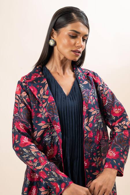 Shop Oshi By Shikha Blue Silk, Chanderi, Cotton V-neck, Open Pleated Dress With Floral Print Jacket Online at Aza Fashions Shop_Oshi By Shikha_Blue Silk, Chanderi, Cotton V-neck, Open Pleated Dress With Floral Print Jacket _Online_at_Aza_Fashions