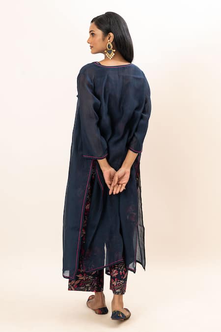 Shop Oshi By Shikha Blue Silk, Chanderi, Cotton Round Neck, Longline Jacket Floral Print Pant Set at Aza Fashions Shop_Oshi By Shikha_Blue Silk, Chanderi, Cotton Round Neck, Longline Jacket Floral Print Pant Set _at_Aza_Fashions