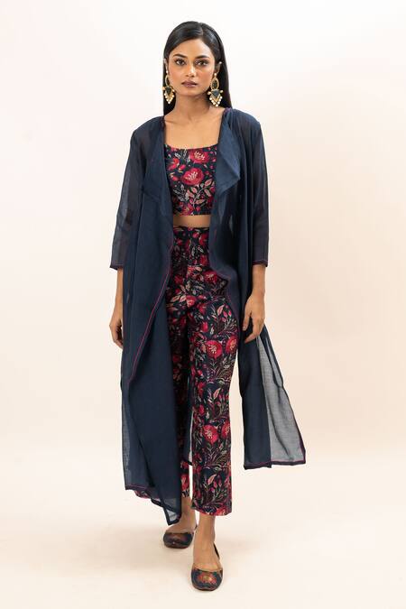 Oshi By Shikha Blue Silk, Chanderi, Cotton Round Neck, Longline Jacket Floral Print Pant Set Online at Aza Fashions Oshi By Shikha_Blue Silk, Chanderi, Cotton Round Neck, Longline Jacket Floral Print Pant Set _Online_at_Aza_Fashions