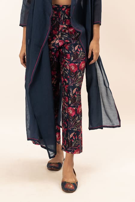 Buy Oshi By Shikha Blue Silk, Chanderi, Cotton Round Neck, Longline Jacket Floral Print Pant Set Online at Aza Fashions Buy_Oshi By Shikha_Blue Silk, Chanderi, Cotton Round Neck, Longline Jacket Floral Print Pant Set _Online_at_Aza_Fashions