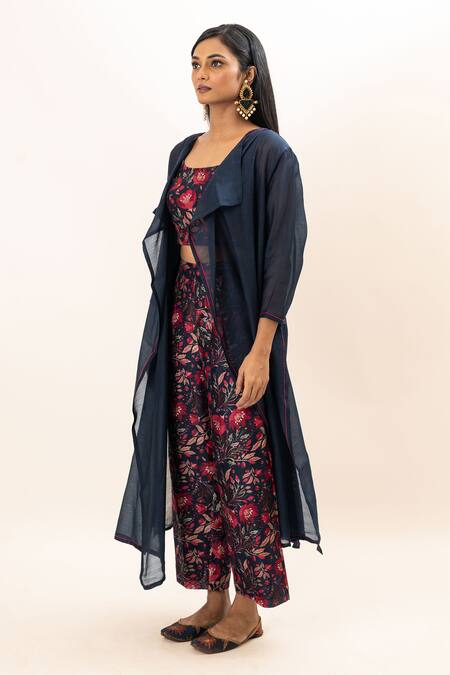 Shop Oshi By Shikha Blue Silk, Chanderi, Cotton Round Neck, Longline Jacket Floral Print Pant Set Online at Aza Fashions Shop_Oshi By Shikha_Blue Silk, Chanderi, Cotton Round Neck, Longline Jacket Floral Print Pant Set _Online_at_Aza_Fashions