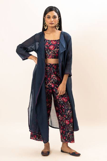 Oshi By Shikha Blue Silk, Chanderi, Cotton Round Neck, Longline Jacket Floral Print Pant Set at Aza Fashions Oshi By Shikha_Blue Silk, Chanderi, Cotton Round Neck, Longline Jacket Floral Print Pant Set _at_Aza_Fashions