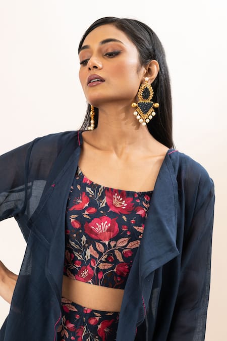 Buy Oshi By Shikha Blue Silk, Chanderi, Cotton Round Neck, Longline Jacket Floral Print Pant Set Buy_Oshi By Shikha_Blue Silk, Chanderi, Cotton Round Neck, Longline Jacket Floral Print Pant Set
