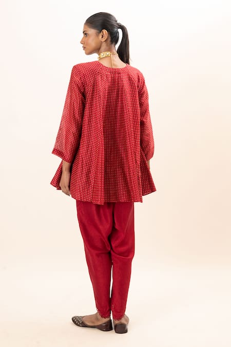 Shop Oshi By Shikha Red Silk, Chanderi, Cotton Tassels, Lace V-neck Flared Kurta And Scallop Pant Set at Aza Fashions Shop_Oshi By Shikha_Red Silk, Chanderi, Cotton Tassels, Lace V-neck Flared Kurta And Scallop Pant Set _at_Aza_Fashions