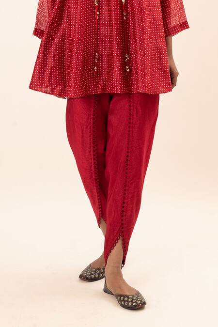 Buy Oshi By Shikha Red Silk, Chanderi, Cotton Tassels, Lace V-neck Flared Kurta And Scallop Pant Set Online at Aza Fashions Buy_Oshi By Shikha_Red Silk, Chanderi, Cotton Tassels, Lace V-neck Flared Kurta And Scallop Pant Set _Online_at_Aza_Fashions
