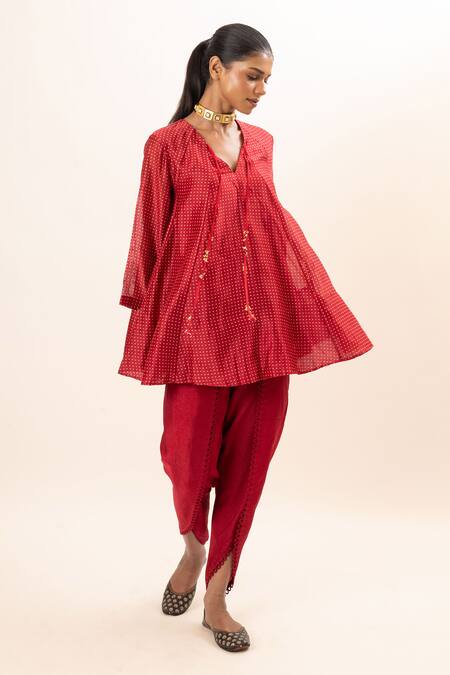 Shop Oshi By Shikha Red Silk, Chanderi, Cotton Tassels, Lace V-neck Flared Kurta And Scallop Pant Set Online at Aza Fashions Shop_Oshi By Shikha_Red Silk, Chanderi, Cotton Tassels, Lace V-neck Flared Kurta And Scallop Pant Set _Online_at_Aza_Fashions