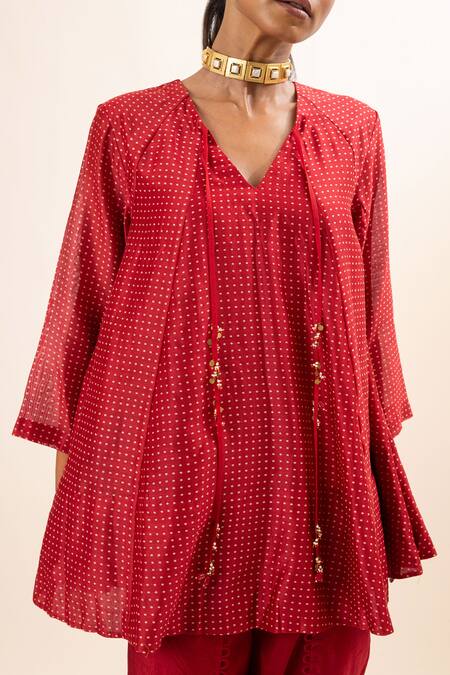 Oshi By Shikha Red Silk, Chanderi, Cotton Tassels, Lace V-neck Flared Kurta And Scallop Pant Set at Aza Fashions Oshi By Shikha_Red Silk, Chanderi, Cotton Tassels, Lace V-neck Flared Kurta And Scallop Pant Set _at_Aza_Fashions