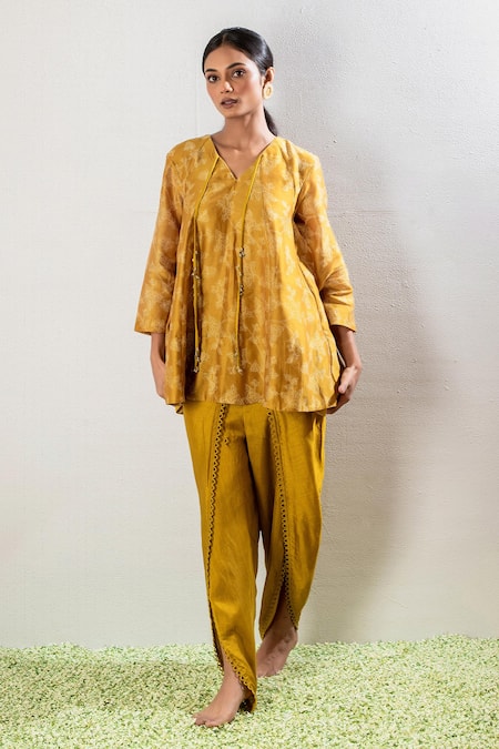 Shop Oshi By Shikha Yellow Silk, Chanderi, Cotton Tassels Flared Printed Kurta And Dhoti Pant Set at Aza Fashions Shop_Oshi By Shikha_Yellow Silk, Chanderi, Cotton Tassels Flared Printed Kurta And Dhoti Pant Set _at_Aza_Fashions
