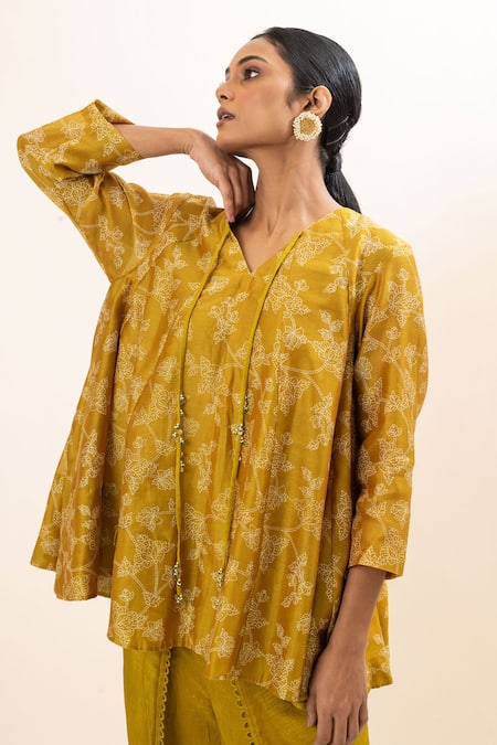 Oshi By Shikha Yellow Silk, Chanderi, Cotton Tassels Flared Printed Kurta And Dhoti Pant Set Online at Aza Fashions Oshi By Shikha_Yellow Silk, Chanderi, Cotton Tassels Flared Printed Kurta And Dhoti Pant Set _Online_at_Aza_Fashions
