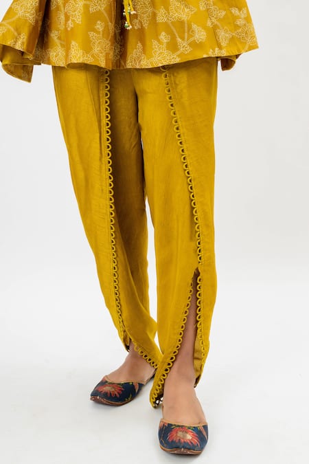 Buy Oshi By Shikha Yellow Silk, Chanderi, Cotton Tassels Flared Printed Kurta And Dhoti Pant Set Online at Aza Fashions Buy_Oshi By Shikha_Yellow Silk, Chanderi, Cotton Tassels Flared Printed Kurta And Dhoti Pant Set _Online_at_Aza_Fashions