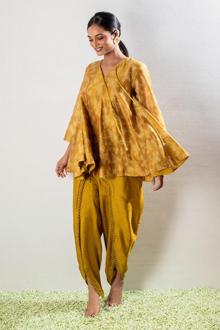 Oshi By Shikha Yellow Silk, Chanderi, Cotton Tassels Flared Printed Kurta And Dhoti Pant Set at Aza Fashions Oshi By Shikha_Yellow Silk, Chanderi, Cotton Tassels Flared Printed Kurta And Dhoti Pant Set _at_Aza_Fashions