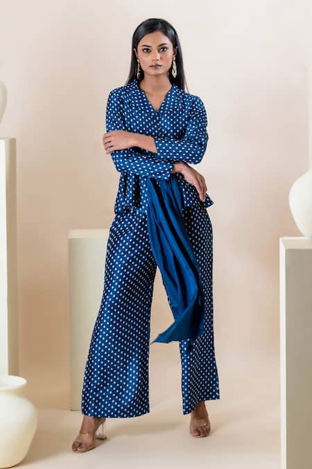 Shop Oshi By Shikha Blue Silk, Taffeta Embroidery Floral Print Blazer And Pant Set Online at Aza Fashions Shop_Oshi By Shikha_Blue Silk, Taffeta Embroidery Floral Print Blazer And Pant Set _Online_at_Aza_Fashions