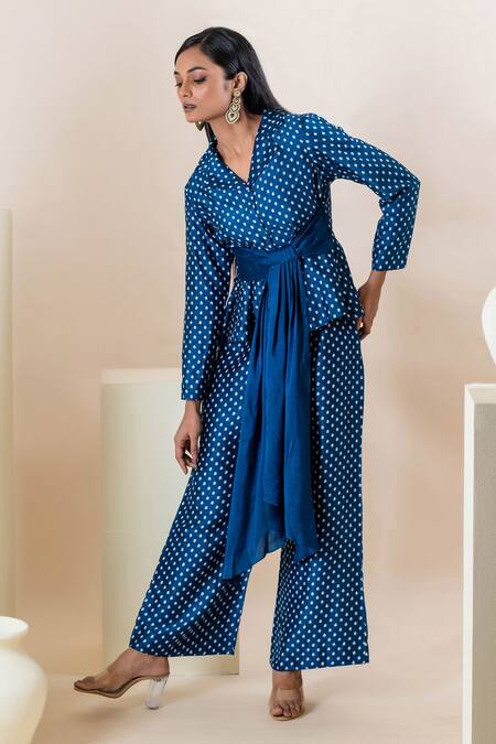 Buy Oshi By Shikha Blue Silk, Taffeta Embroidery Floral Print Blazer And Pant Set Buy_Oshi By Shikha_Blue Silk, Taffeta Embroidery Floral Print Blazer And Pant Set