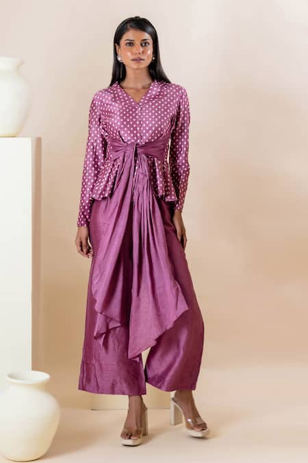 Shop Oshi By Shikha Purple Silk, Taffeta Printed Tie-up Blazer And Pant Set at Aza Fashions Shop_Oshi By Shikha_Purple Silk, Taffeta Printed Tie-up Blazer And Pant Set _at_Aza_Fashions