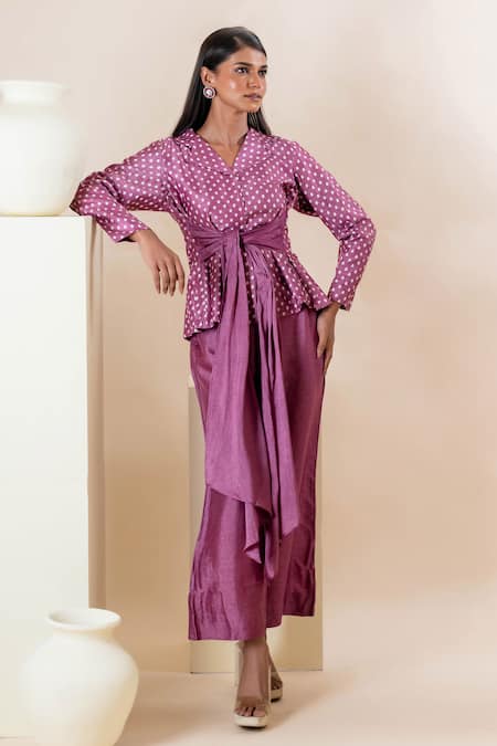 Oshi By Shikha Purple Silk, Taffeta Printed Tie-up Blazer And Pant Set Online at Aza Fashions Oshi By Shikha_Purple Silk, Taffeta Printed Tie-up Blazer And Pant Set _Online_at_Aza_Fashions