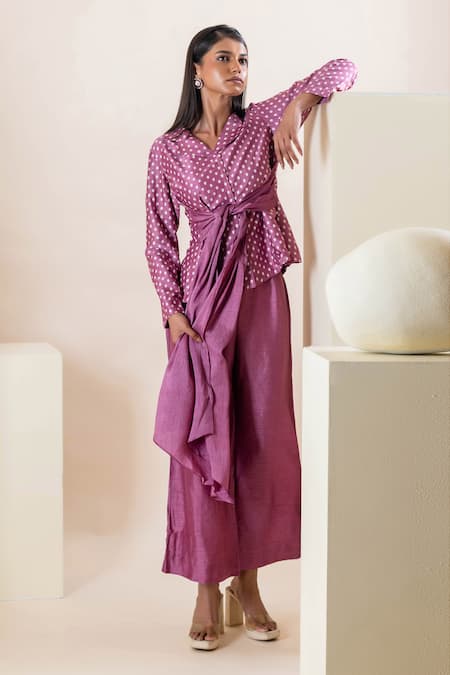 Buy Oshi By Shikha Purple Silk, Taffeta Printed Tie-up Blazer And Pant Set Online at Aza Fashions Buy_Oshi By Shikha_Purple Silk, Taffeta Printed Tie-up Blazer And Pant Set _Online_at_Aza_Fashions
