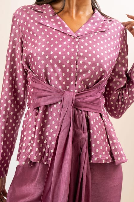 Buy Oshi By Shikha Purple Silk, Taffeta Printed Tie-up Blazer And Pant Set Buy_Oshi By Shikha_Purple Silk, Taffeta Printed Tie-up Blazer And Pant Set