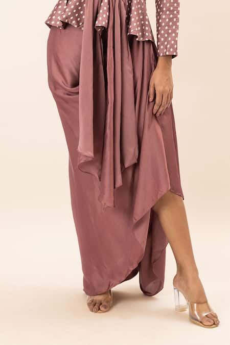 Oshi By Shikha_Pink Silk, Linen, Satin Embroidery Floral Print Blazer And Draped Skirt Set _Online_at_Aza_Fashions