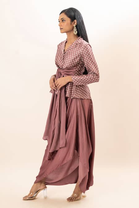 Shop_Oshi By Shikha_Pink Silk, Linen, Satin Embroidery Floral Print Blazer And Draped Skirt Set _Online_at_Aza_Fashions