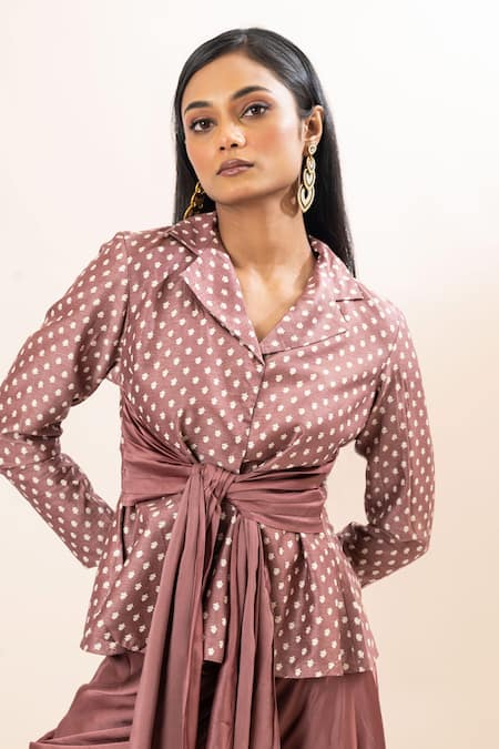 Oshi By Shikha_Pink Silk, Linen, Satin Embroidery Floral Print Blazer And Draped Skirt Set _at_Aza_Fashions