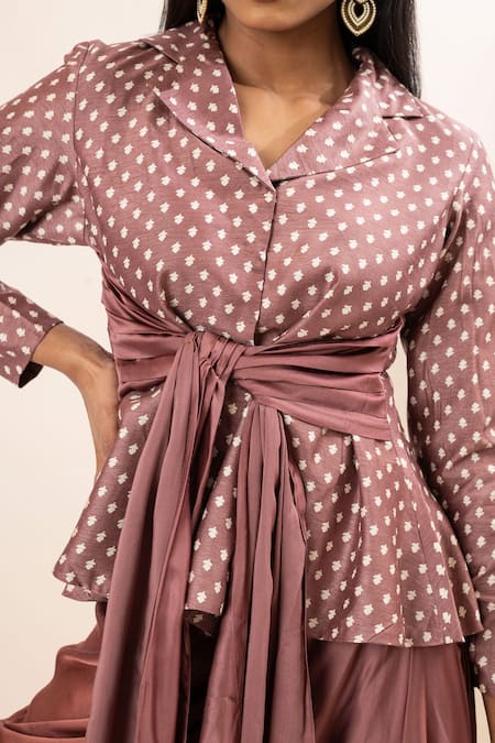 Buy_Oshi By Shikha_Pink Silk, Linen, Satin Embroidery Floral Print Blazer And Draped Skirt Set 