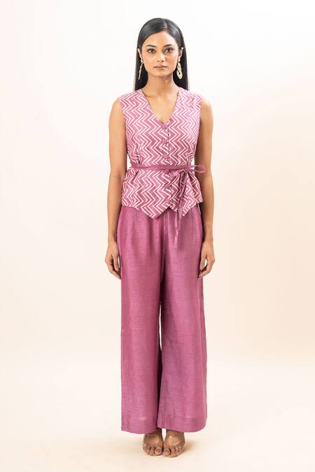 Oshi By Shikha Purple Silk V-neck Geometric Bandhani Print Waistcoat Pant Set Online at Aza Fashions Oshi By Shikha_Purple Silk V-neck Geometric Bandhani Print Waistcoat Pant Set _Online_at_Aza_Fashions