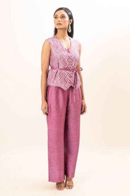 Shop Oshi By Shikha Purple Silk V-neck Geometric Bandhani Print Waistcoat Pant Set Online at Aza Fashions Shop_Oshi By Shikha_Purple Silk V-neck Geometric Bandhani Print Waistcoat Pant Set _Online_at_Aza_Fashions