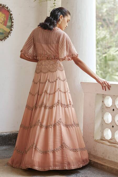 Shop_Label Rsd_Rose Gold Satin, Organza Beads, Sequins, Hand Ombre Lehenga With Blouse_at_Aza_Fashions