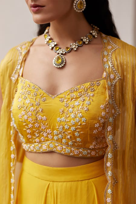 Label Rsd Yellow Satin, Georgette Floral Hand Embroidered Pleated Pant Set With Cape Online at Aza Fashions Label Rsd_Yellow Satin, Georgette Floral Hand Embroidered Pleated Pant Set With Cape_Online_at_Aza_Fashions