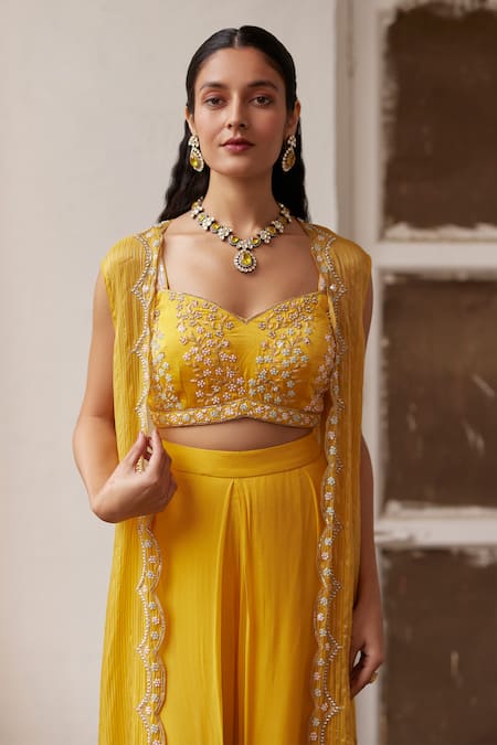 Buy Label Rsd Yellow Satin, Georgette Floral Hand Embroidered Pleated Pant Set With Cape Online at Aza Fashions Buy_Label Rsd_Yellow Satin, Georgette Floral Hand Embroidered Pleated Pant Set With Cape_Online_at_Aza_Fashions