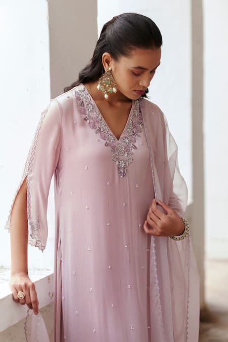 Buy_Label Rsd_Purple Satin, Georgette, Organza Embroidery, Sequins, Floral Hand Palazzo Set _Online_at_Aza_Fashions