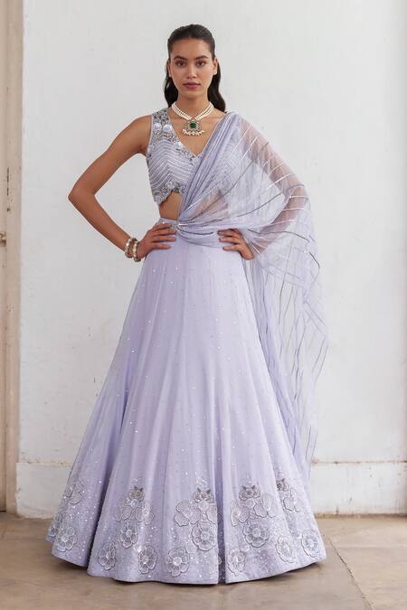 Label Rsd Blue Satin, Organza Sequins, Pearls, Floral Hand Embroidered Lehenga With Blouse