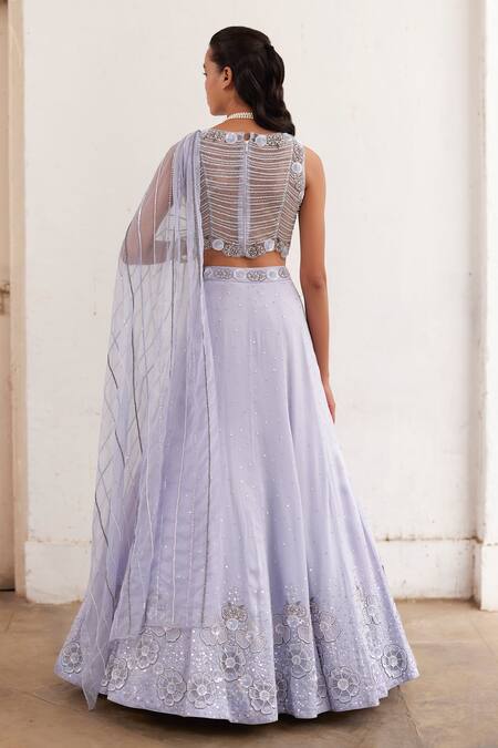 Shop Label Rsd Blue Satin, Organza Sequins, Pearls, Floral Hand Embroidered Lehenga With Blouse at Aza Fashions Shop_Label Rsd_Blue Satin, Organza Sequins, Pearls, Floral Hand Embroidered Lehenga With Blouse_at_Aza_Fashions
