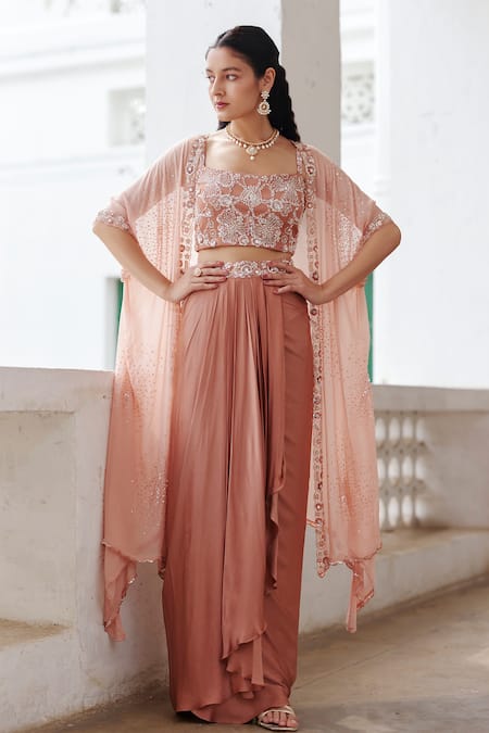 Label RSD Rose Gold Cape Georgette Hand Embroidery Floral Draped Skirt Set With 