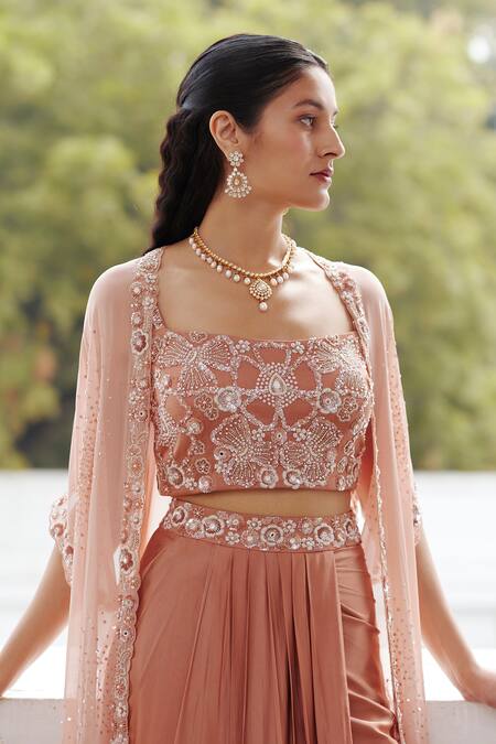 Label Rsd_Rose Gold Cape Georgette Hand Embroidery Floral Blouse Draped Skirt Set With_Online_at_Aza_Fashions