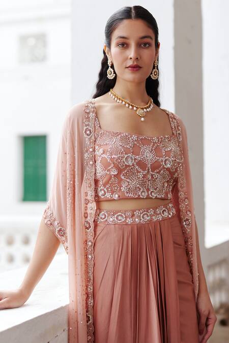 Buy_Label Rsd_Rose Gold Cape Georgette Hand Embroidery Floral Blouse Draped Skirt Set With_Online_at_Aza_Fashions