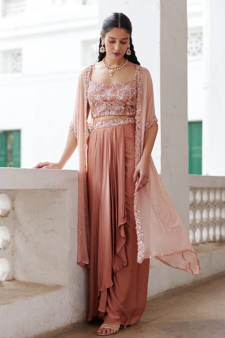 Shop_Label Rsd_Rose Gold Cape Georgette Hand Embroidery Floral Blouse Draped Skirt Set With_Online_at_Aza_Fashions