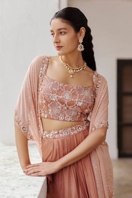 Label Rsd_Rose Gold Cape Georgette Hand Embroidery Floral Blouse Draped Skirt Set With_at_Aza_Fashions