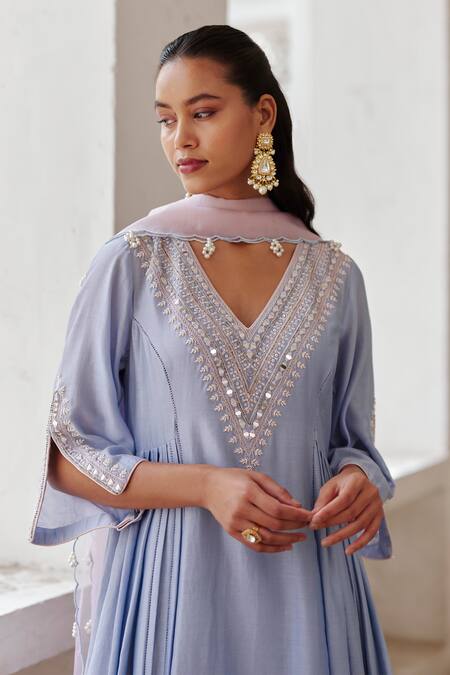 Label Rsd_Blue Chanderi, Organza, Cotton Floral Hand Embroidered Long A-line Kurta Set _Online_at_Aza_Fashions