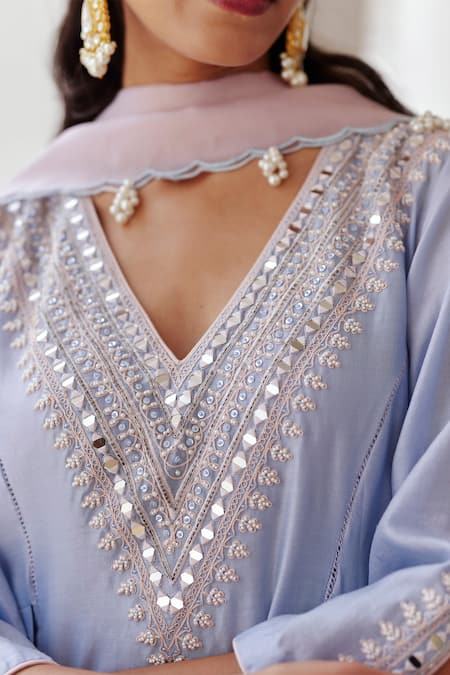 Buy_Label Rsd_Blue Chanderi, Organza, Cotton Floral Hand Embroidered Long A-line Kurta Set _Online_at_Aza_Fashions