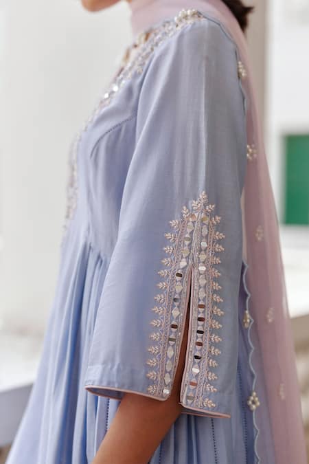 Shop_Label Rsd_Blue Chanderi, Organza, Cotton Floral Hand Embroidered Long A-line Kurta Set _Online_at_Aza_Fashions