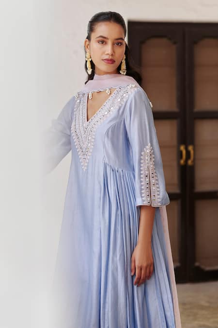 Label Rsd_Blue Chanderi, Organza, Cotton Floral Hand Embroidered Long A-line Kurta Set _at_Aza_Fashions