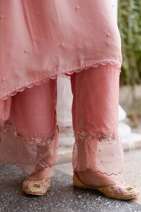 Label Rsd_Peach Satin, Georgette, Organza, Silk Floral Hand Embroidered Kurta Palazzo Set_Online_at_Aza_Fashions